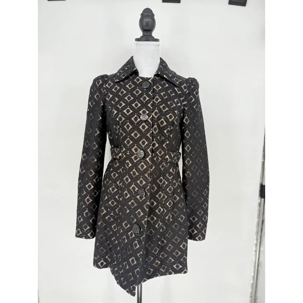 INC‎ Black Cotton Geometric Lace Trench Coat Womens Small Classic Feminine
